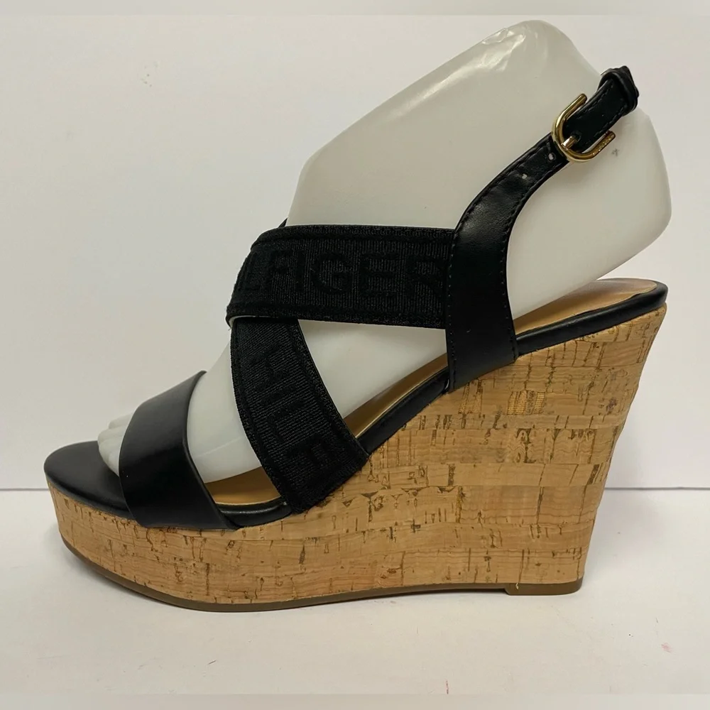 Tommy Hilfiger kezno vegan Black Wedge Sandals heels crisscross cork 6.5